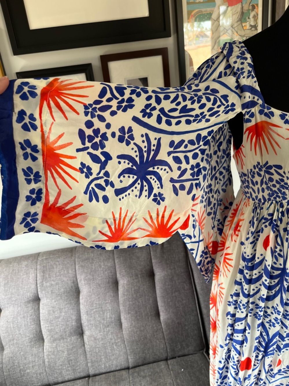 Farm Rio "Breeze" Blue & White Floral Maxi Dress with Orange Accents Size Medium - Picture 8 of 13